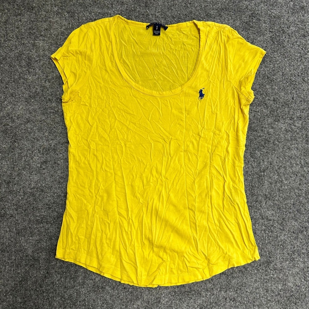 Ralph Lauren Shirt Womens Size S Yellow Lyocell Scoop Neck Blue Pony Logo Tee